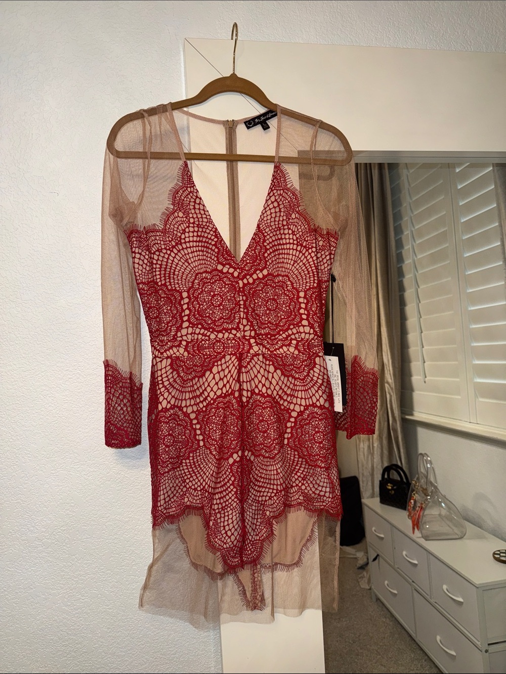 For Love and Lemons Red Lace Long-Sleeve Mesh Dress